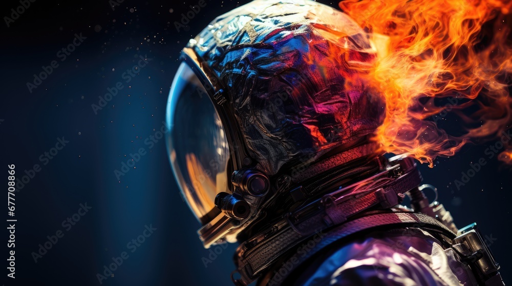 Poster a close up of a person in a space suit with a fire coming out of his helmet on a dark background wit