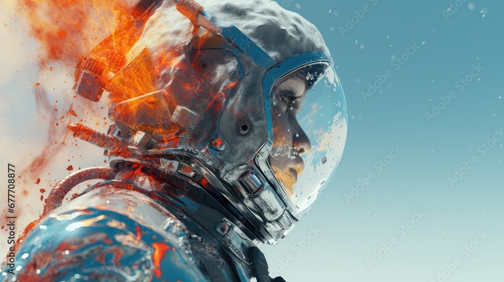 Poster a close up of a person in a space suit with fire coming out of the helmet of another person in front