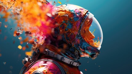  a close up of a person wearing a space suit with colorful paint splatters all over his face and helmet, with a blue background of orange and blue.  generative ai