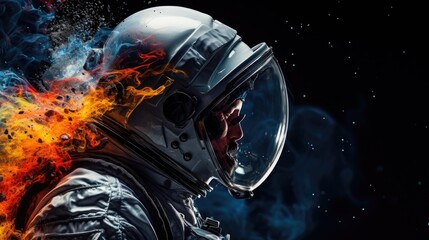  a man in a motorcycle helmet with fire coming out of the back of his helmet and his face is obscured by the smoke and flames behind him is a black background.  generative ai