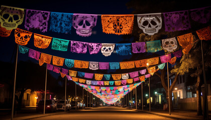 Colorful Dia de los muertos street at night - obrazy, fototapety, plakaty