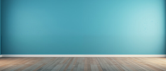 interior with an empty blue wall and wooden floor - obrazy, fototapety, plakaty