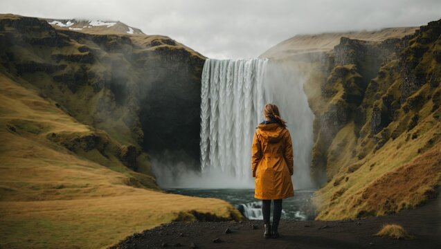 Woman overlooking waterfall at skogafoss, Iceland, Nautre island. Ai Generative