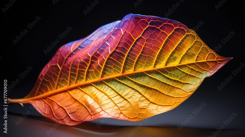 Poster a close up of a colorful leaf on a black background with a light reflecting off the back of the leaf