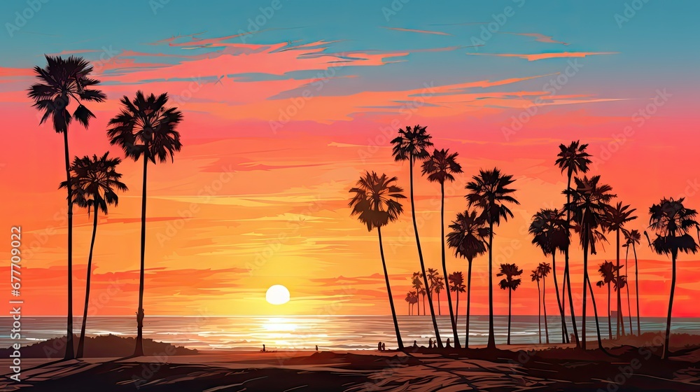 Poster a painting of a sunset with palm trees in the foreground and a beach in the background with a person