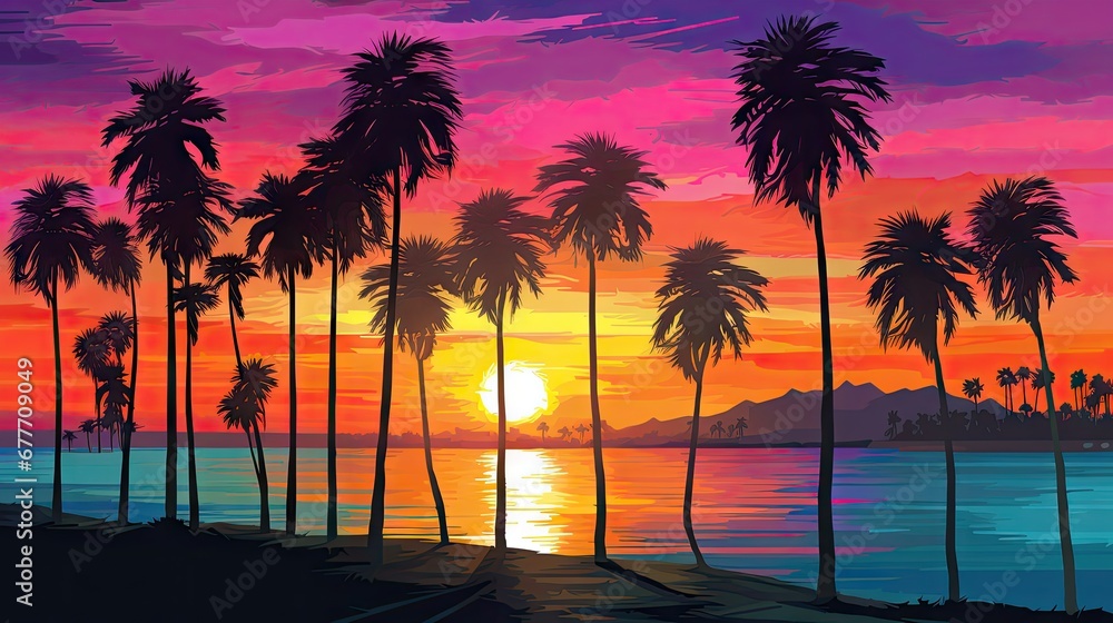 Poster a painting of a sunset with palm trees in the foreground and a body of water in the background with 
