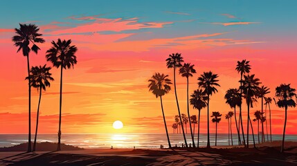  a painting of a sunset with palm trees in the foreground and a beach in the background with a person walking on the beach with a surfboard in the foreground.  generative ai - obrazy, fototapety, plakaty