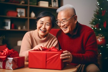 Portrait of old senior Asian couple holding wrapped gift presents wear red warm sweaters on christmas eve