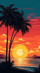  a painting of a sunset with a palm tree in the foreground and a body of water in the background with a boat in the foreground and the sun in the distance.  generative ai