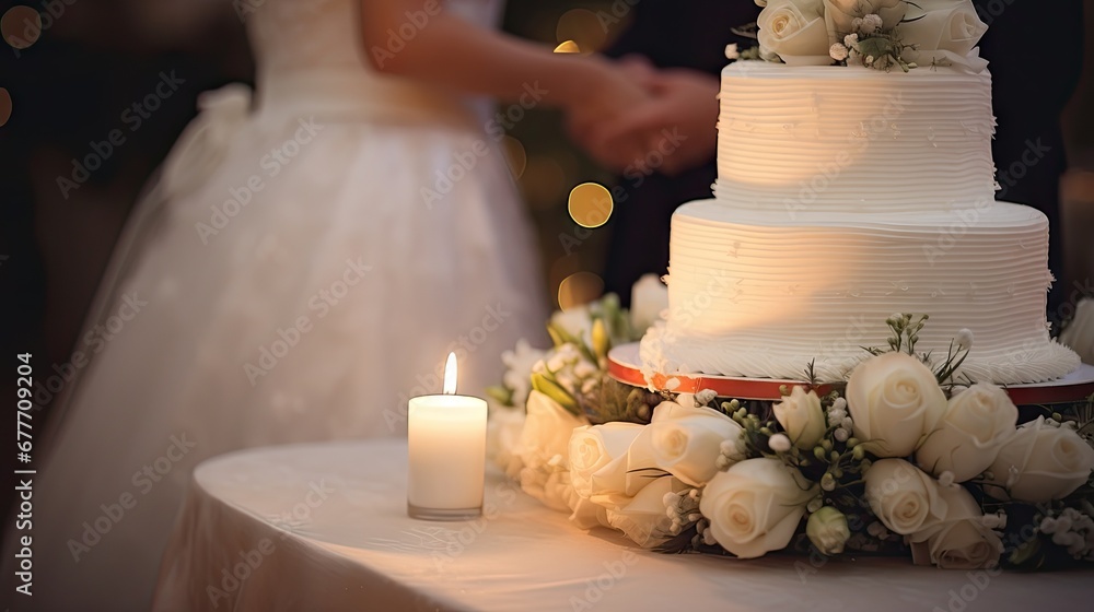Poster a close up of a wedding cake on a table with a candle in the foreground and a bride and groom in the