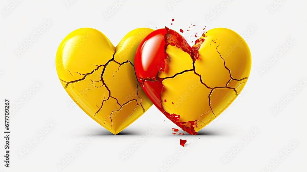Poster a broken heart shaped object with a red liquid spilling out of the middle of the heart and on top of