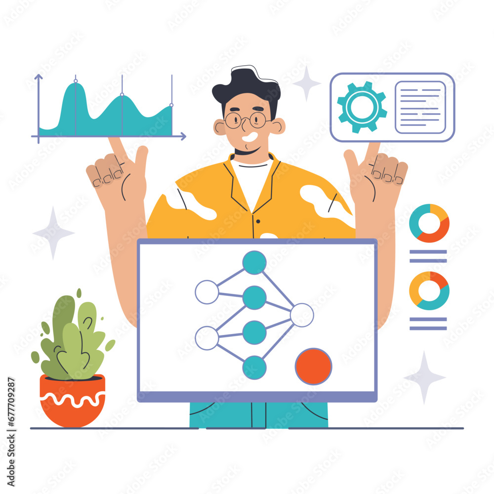 Aufkleber addressing ai bias concept. enthusiastic expert adjusts neural network model, pointing at graph and 