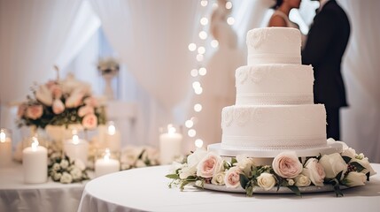  a wedding cake sitting on top of a table next to a white tablecloth covered table with candles and a bride and groom in a black suit standing next to the cake.  generative ai