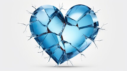  a broken glass heart shaped object with a hole in the middle of the heart, on a white background, with a clipping area for text ornament.  generative ai