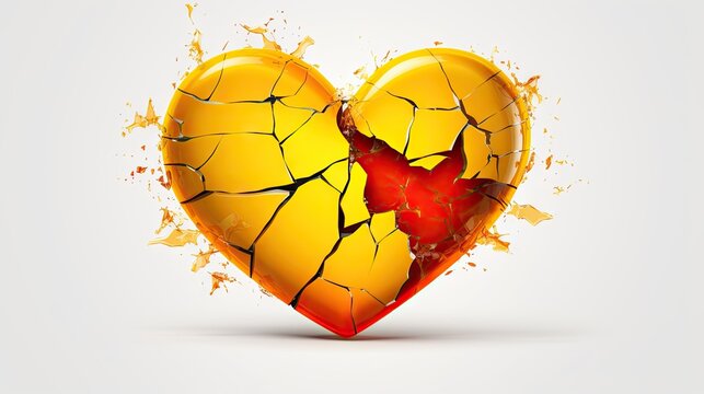  a broken heart with paint splatters and a hole in the middle with a red heart in the middle of the heart, on a light background is a white background.  generative ai