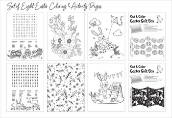 A collection of 8 original Easter and Springtime themed coloring pages. A set of 8 vector activity and coloring sheets. Perfect to print out for children.