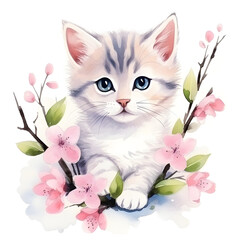 watercolor illustration spring theme of a cute kitten cat