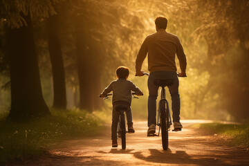 father and son ride bicycles in the park