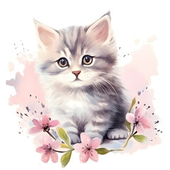 watercolor illustration spring theme of a cute kitten cat