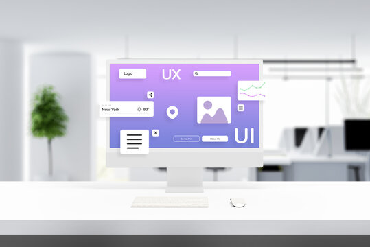 User interface and experience modules of a web page or app hover on an office computer display. Modern work environment