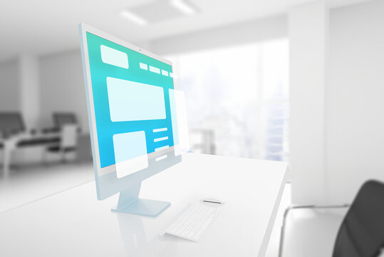 Computer display on an office desk with a hovering web page or app layout. Web design or development creative process concept
