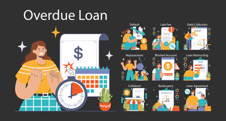 Financial Trouble set. Consequences of overdue loans explored. Default, repossession, late fees. Debt collection and bankruptcy processes. Flat vector illustration