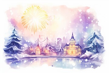 Festival with fireworks in small winter city over a lake in watercolors