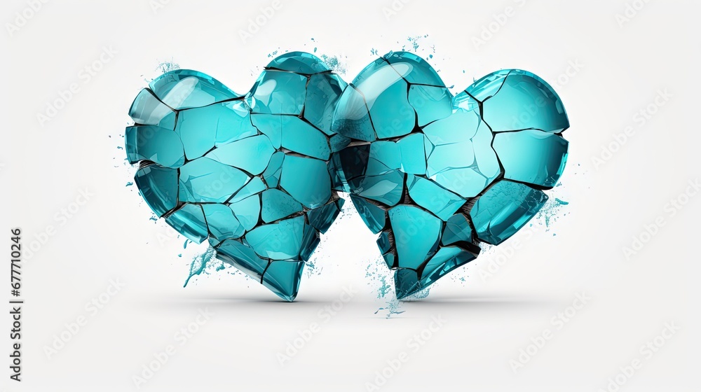 Poster two broken heart shaped pieces of glass with water splashing all over them on a white background wit