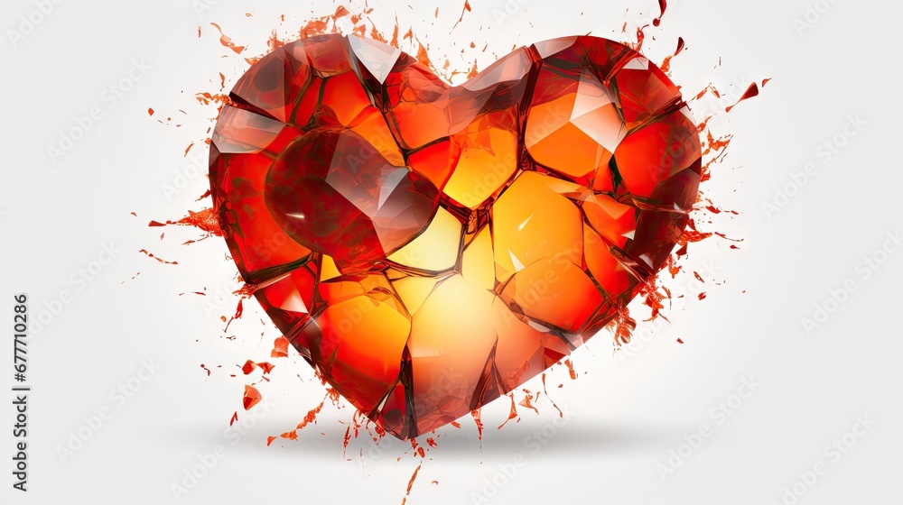 Poster a broken heart shaped object with red and orange paint splatters all over it and a light bulb in the