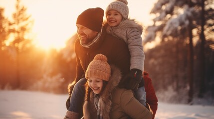 family photo in winter against sunset background - Powered by Adobe