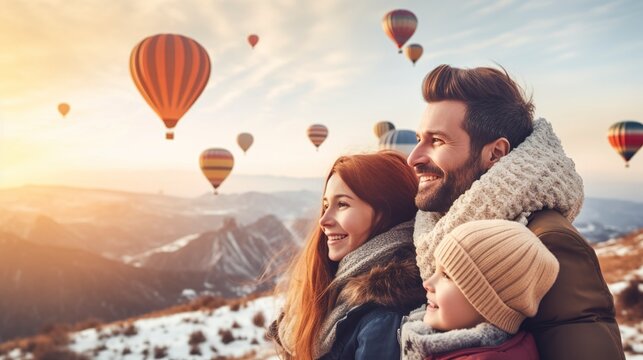 family photo in winter against sunset background