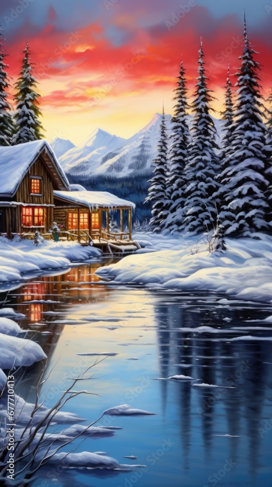Poster a painting of a cabin in the snow with a lake in front of it and a cabin in the middle of the snow w