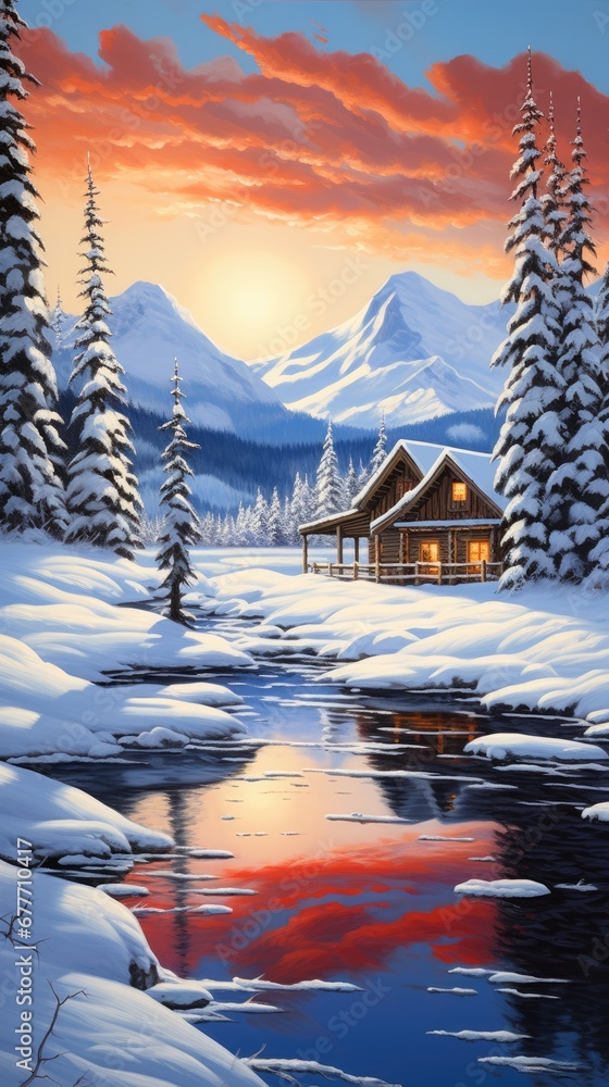 Poster a painting of a snowy landscape with a cabin in the foreground and a lake in the foreground with sno