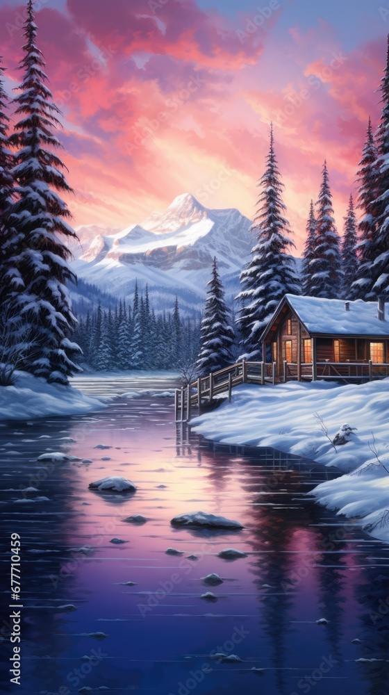 Poster a painting of a cabin by a lake with snow on the ground and a mountain in the background with snow o