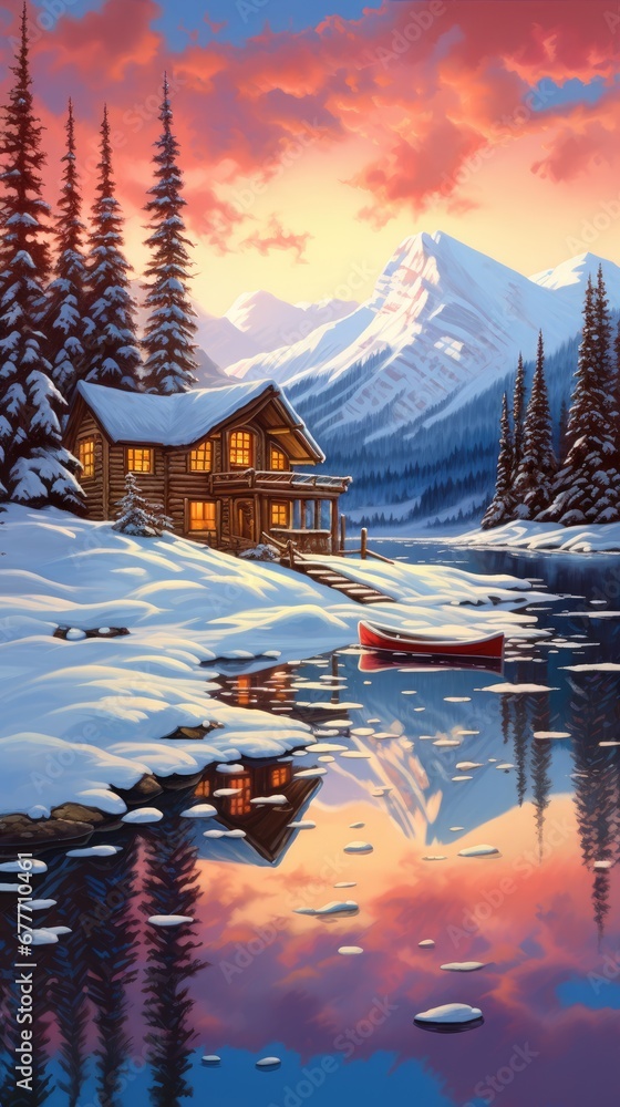 Aufkleber a painting of a cabin on a lake with a boat in the foreground and a snow covered mountain in the bac