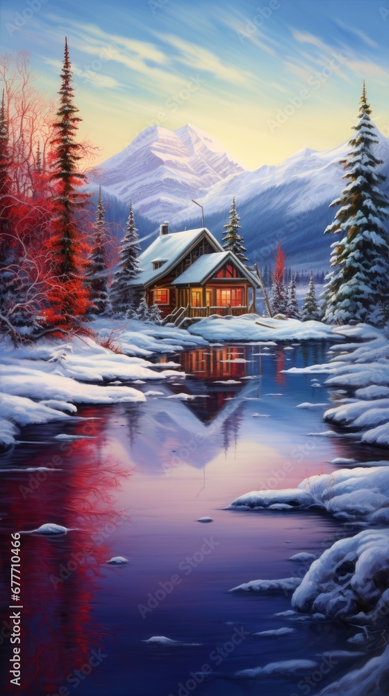 Poster a painting of a cabin by a lake with snow on the ground and trees in the foreground and a mountain r