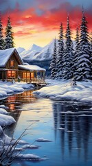  a painting of a cabin in the snow with a lake in front of it and a cabin in the middle of the snow with a red sky and white background.  generative ai