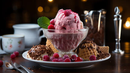 Close-up of red fruits ice cream dessert with waffle pieces and chocolate around the presentation plate with a blurry tea time background