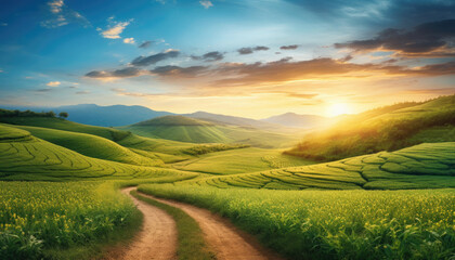 A curvy dirt road leads through a beautiful hills at sunset.