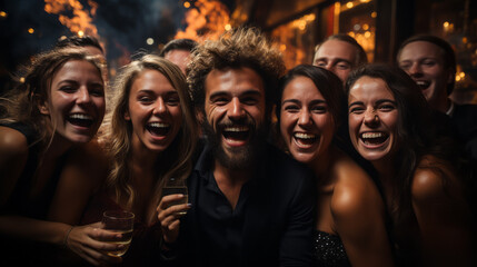 Close-up on five people faces in extreme euphoria inside a street crowd to celebrate a very happy event with night street lights in background