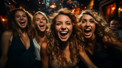 Close-up on four women faces in extreme euphoria inside a street crowd to celebrate a very happy event with night street lights in blurry background - obrazy, fototapety, plakaty