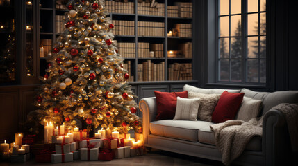Closer view of a Christmas silver gold and red tree with many red and white gifts in front of a wall bookcase and a sofa with many candles and a warm lighting