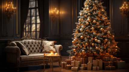 Closer view of a Large Christmas silver and gold tree with many paper and gold gifts beside a sofa with few candles and a warm lighting