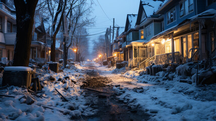 Empty damaged town street after a storm under lots of snow partly removed in the evening light with houses in north american style - obrazy, fototapety, plakaty