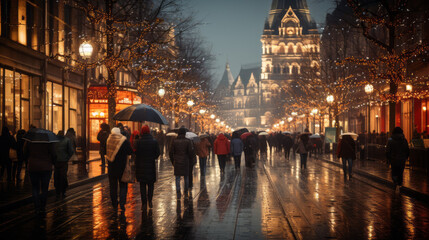 Large Pedestrian street in old north european style with back view of crowd under rain with many luminous Christmas decorations along the trees in evening with a blurry background