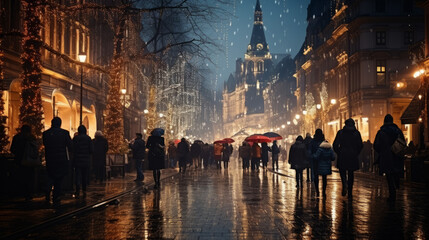 Large street in old north european style with crowd under rain with many luminous Christmas decorations along shops and trees in evening with a blurry historical building in background - obrazy, fototapety, plakaty