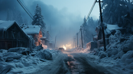 Iced and snowy deserted small town with remains and some wild fire along the empty main street with...