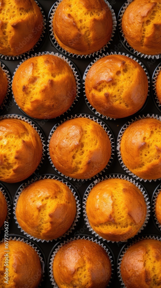 Poster a close up of a bunch of muffins in a muffin tin with one muffin in the middle of the muffin, and on