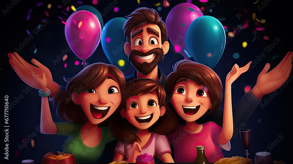 Poster a group of people standing in front of a table with balloons and confetti in the shape of a man and 