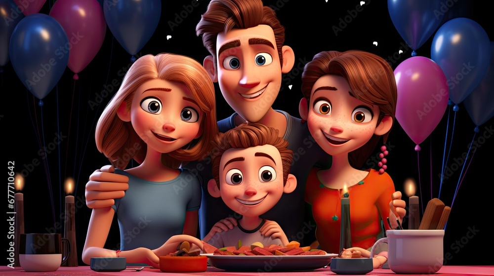 Poster a group of people standing in front of a table with a plate of food in front of them and candles in 